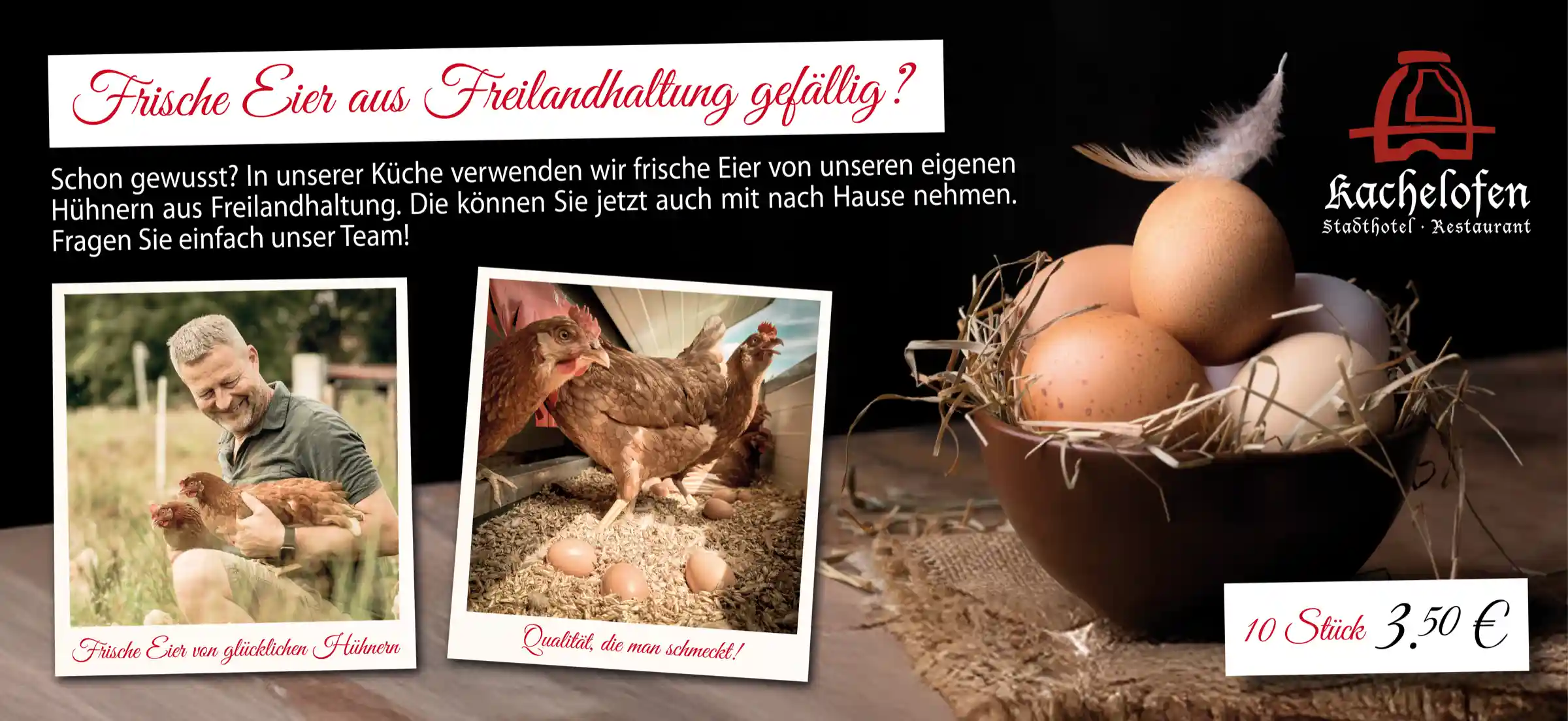Eier von unseren eigenen Hühnern aus Freilandhaltung ab sofort im Restaurant erhältlich (10 Stück für 3,50 Euro)