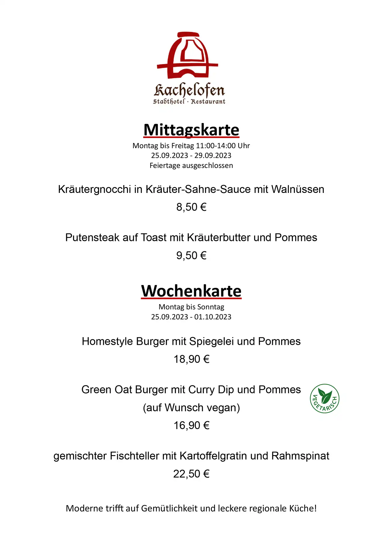 Mittagskarte und Wochenkarte Restaurant Kachelofen